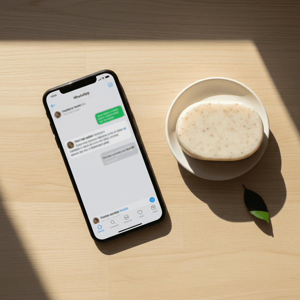 Smartphone showing WhatsApp ordering convenience for SikaMucina Glow products