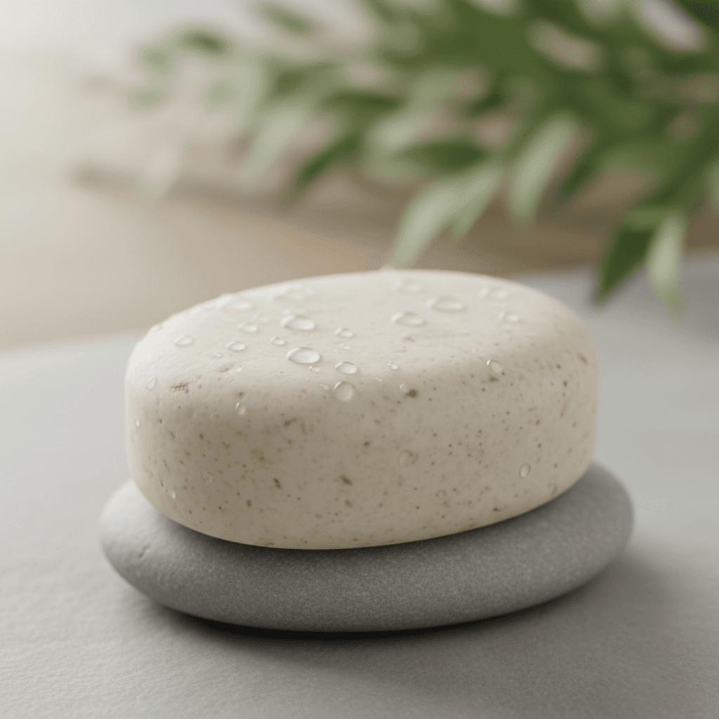 Natural soap bar with water droplets showing gentle formula purity