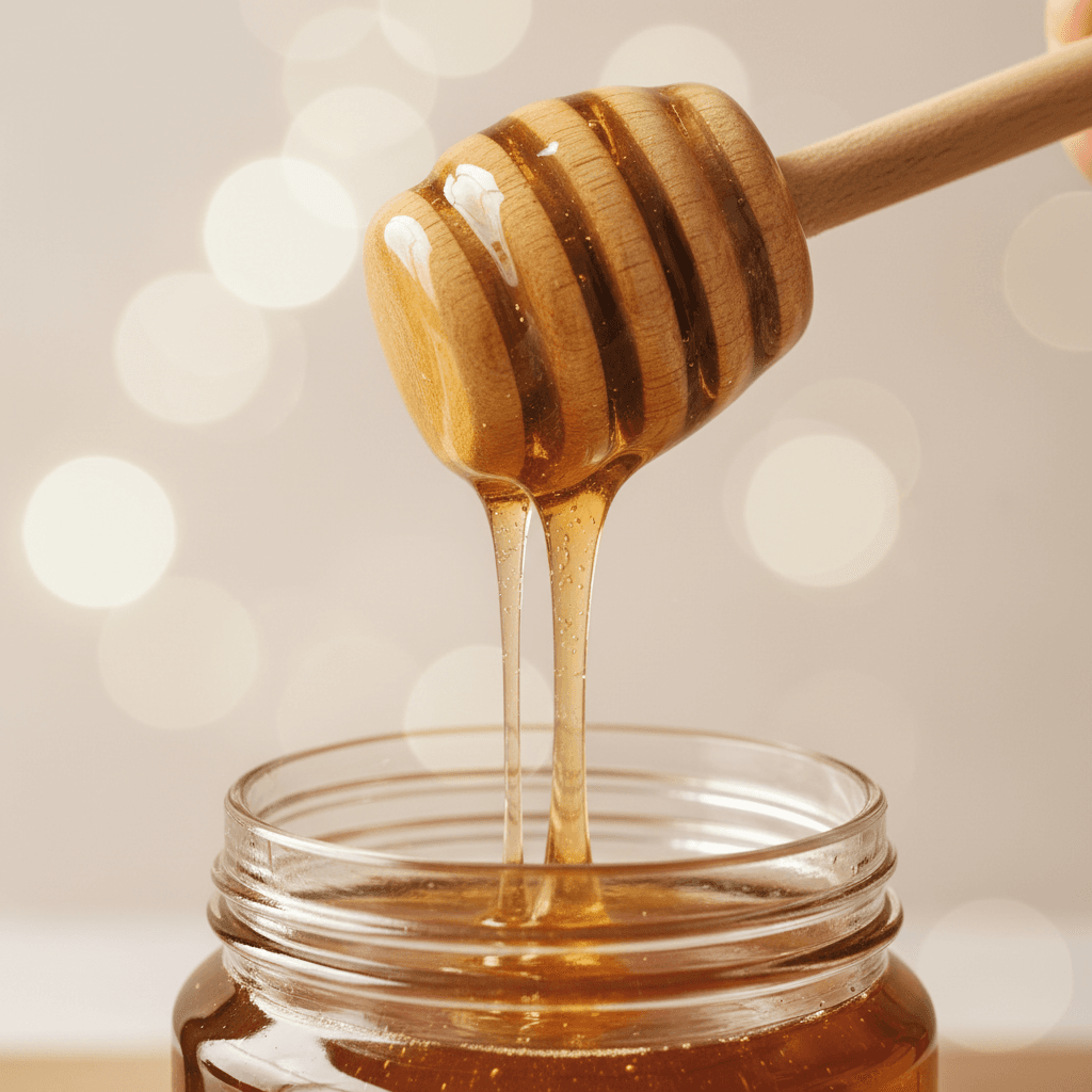 Raw honey dripping, representing deep hydration and moisturizing benefits