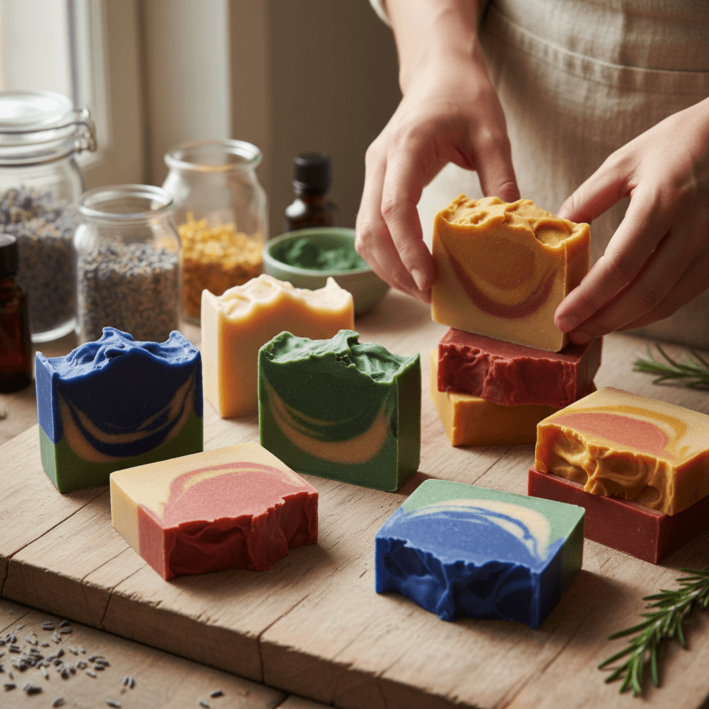 Artisanal natural treatment soaps from SikaMucina Glow arranged with fresh ingredients