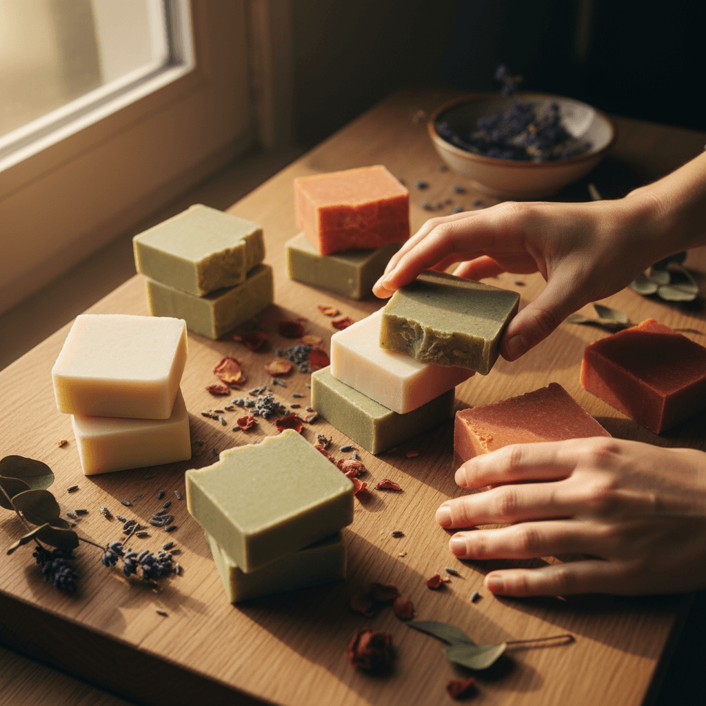 Three natural treatment soaps from SikaMucina Glow arranged on a wooden surface