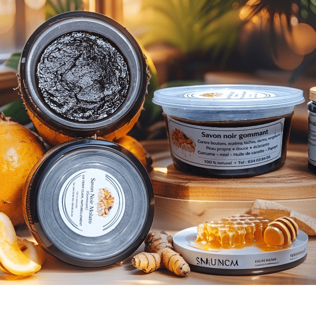 Exfoliating black soap containers arranged with fresh honeycomb, turmeric roots, and sliced papaya fruit.