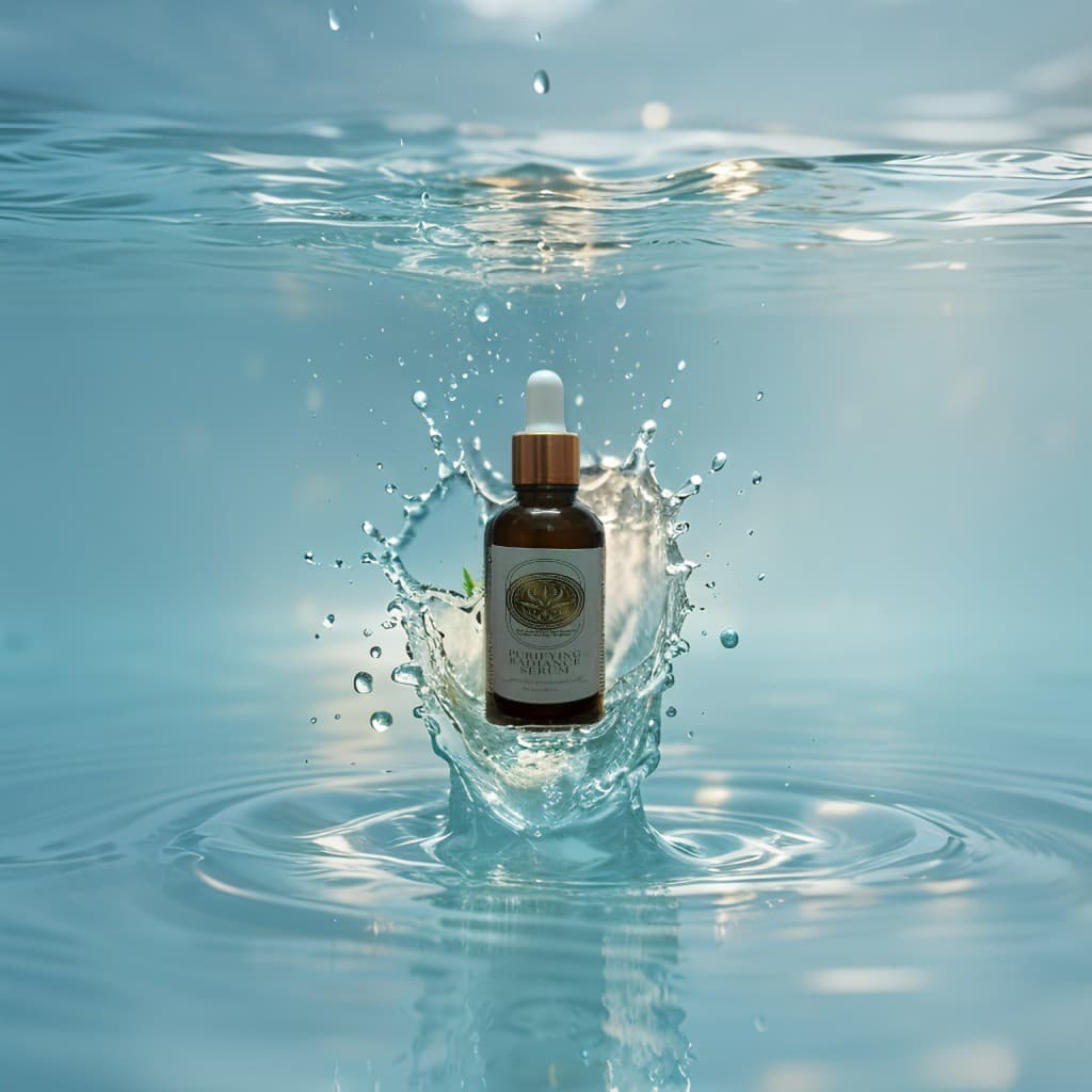 Purifying Radiance Serum bottle splashing into clear blue water, creating a dynamic crown-shaped ripple.