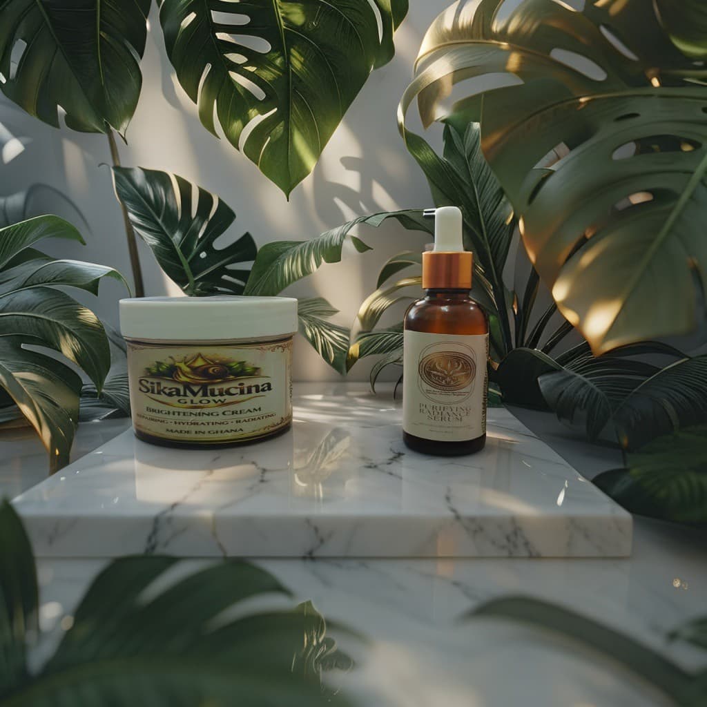 SikaMucina cream and serum on a marble slab surrounded by lush green monstera leaves.
